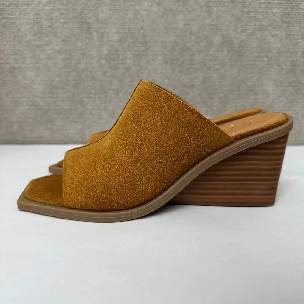 Matisse Lillie Tobacco Suede Sculpted Wedge Mules Boho Square Toe Brown Tan Sz 7